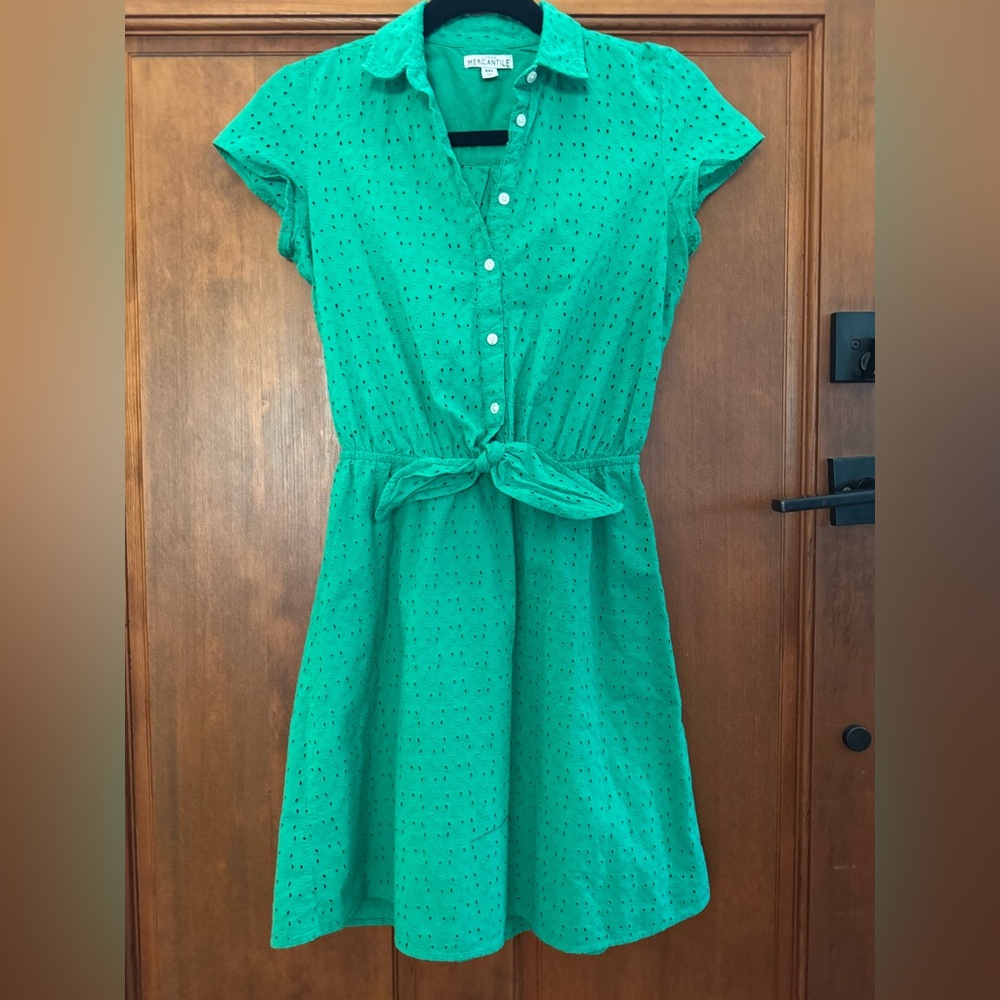 J.Crew Eyelet Collared Tie-Front Shirt Dress in Green 100% Cotton, Size XXS